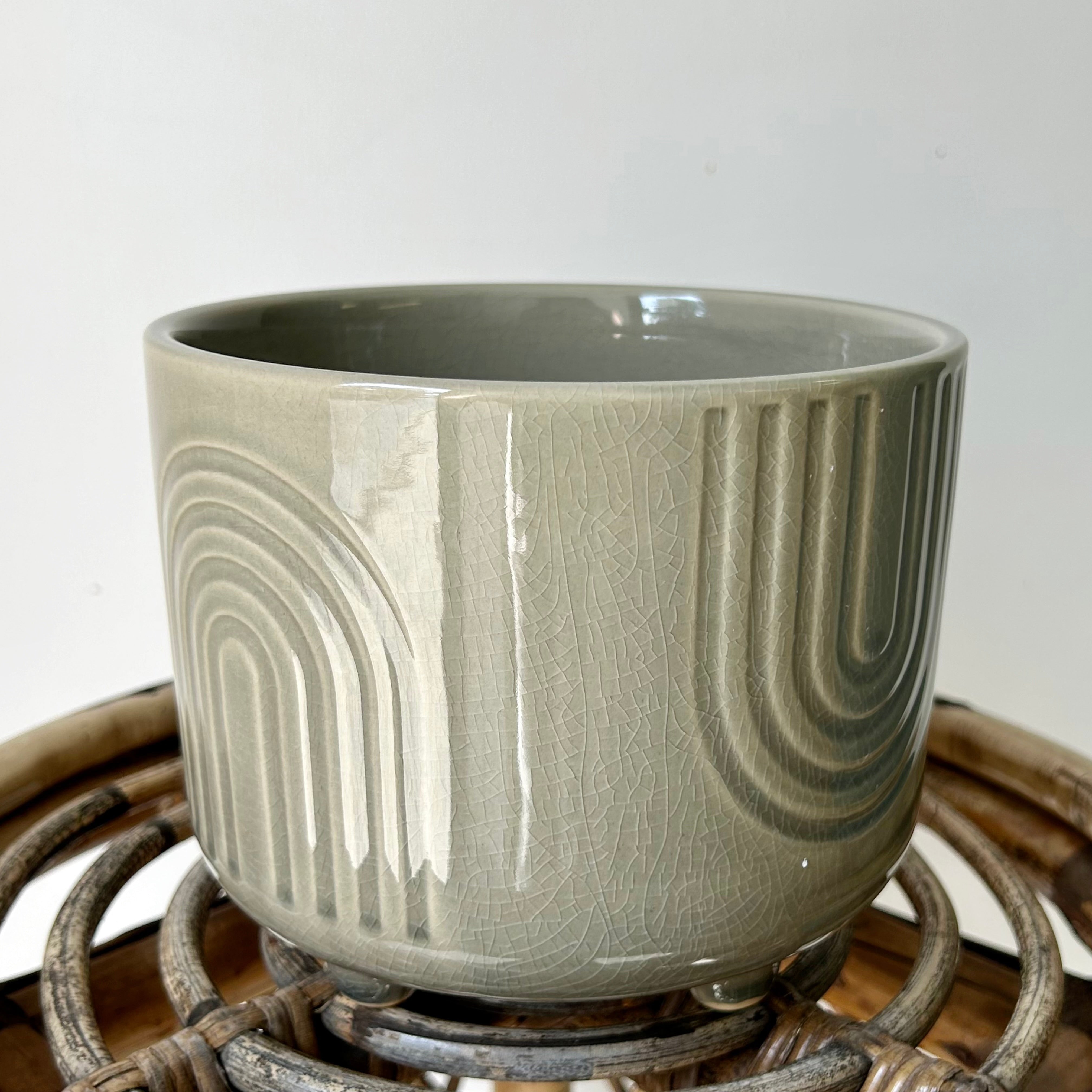 TEMPLE Decorative footed pot Olive Green (6”x4.25”)